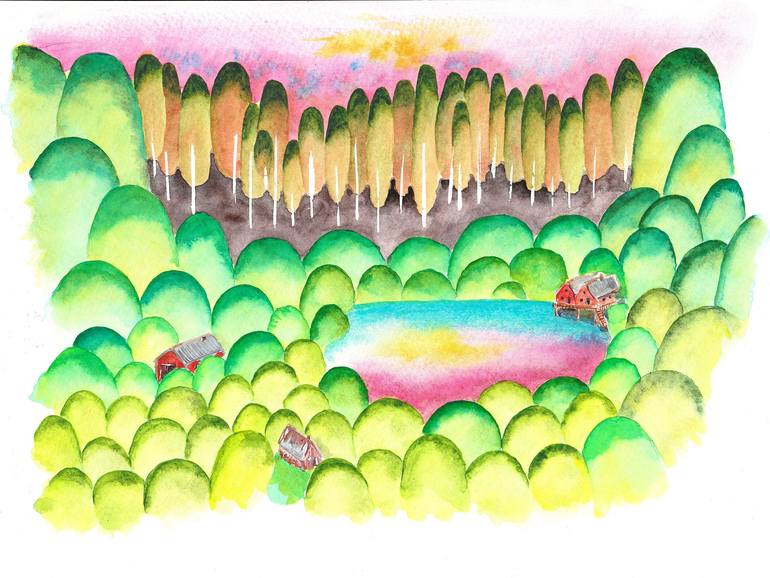 Original Landscape Painting by Laurianne Donnez | Illustration Art on Paper | Lake in the forest