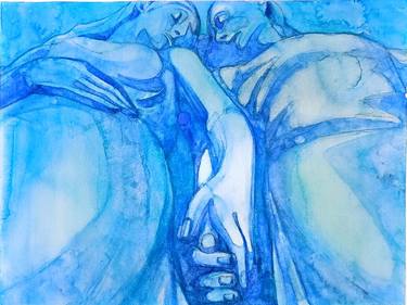 Echoes in Blue: Watercolor Twin Statues thumb