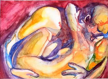 Etherial Kiss: watercolor statue captured in a moment of passion thumb