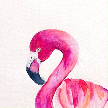 Striking Fuchsia Flamingo Bird Watercolour Painting thumb