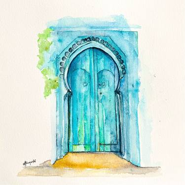 Turquoise Emerald Green Moroccan Doors Watercolour thumb