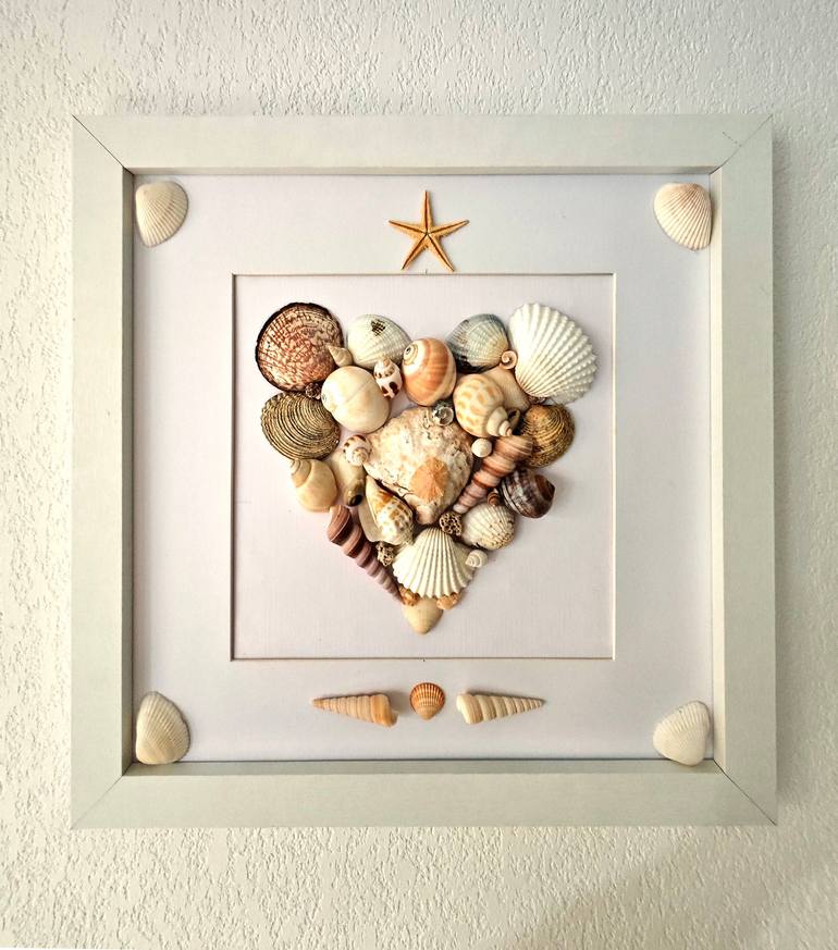 Shell Heart Frame Craft Heart of shells in a frame Mixed Media by Olha Vasyshcheva | Saatchi Art