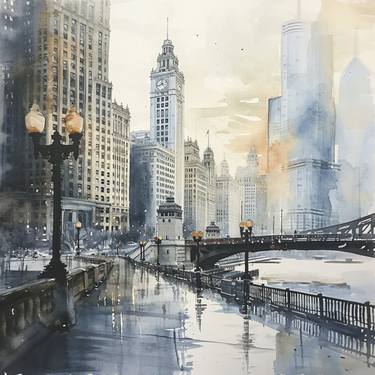 "Chicago Dreamscape #6" - Chicago's Illusion in Watercolor thumb