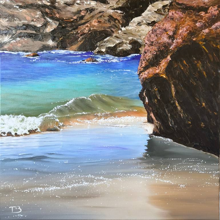 Original Seascape Painting by Thierry Le Boulanger | Neo-impressionism Art on Canvas | Sea, rocks and sun