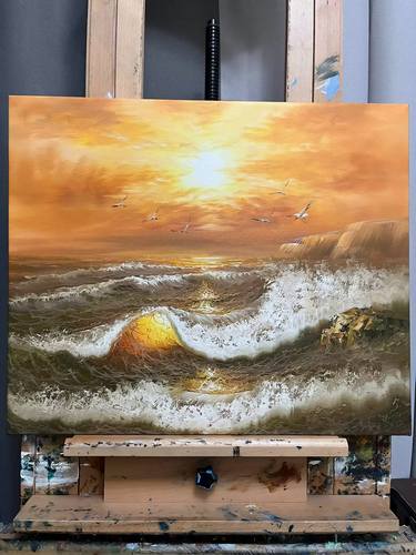 Sunset Waves and Seagulls - Seascape Oil Painting 50cm x 60cm thumb