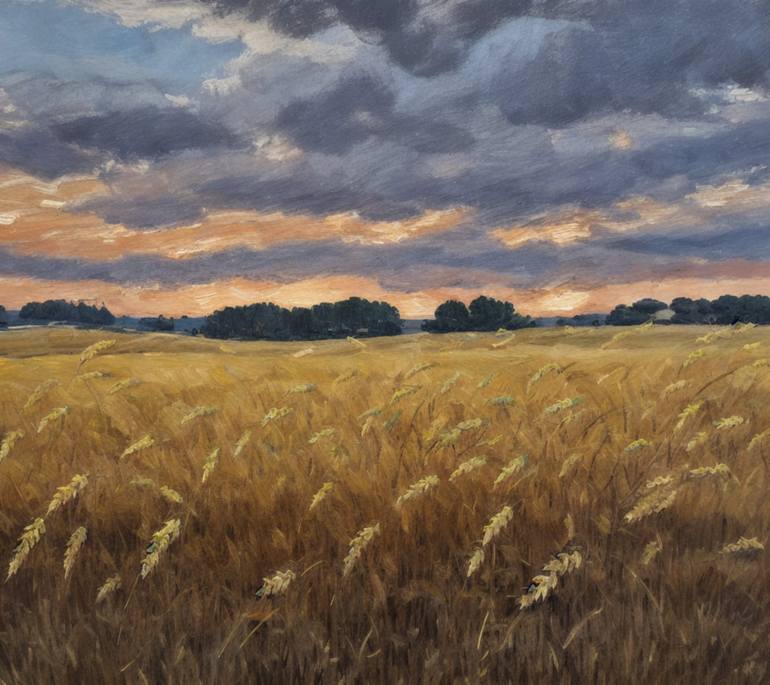 Field of Wheat at Sunset Painting by Anatoliy Kuzin | Saatchi Art