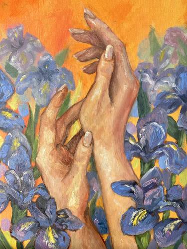 Hands in irises original oil painting thumb