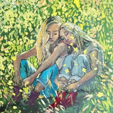 Girls Countryside Field Original  Oil Painting thumb