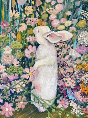 White rabbit in flowers original oil painting thumb