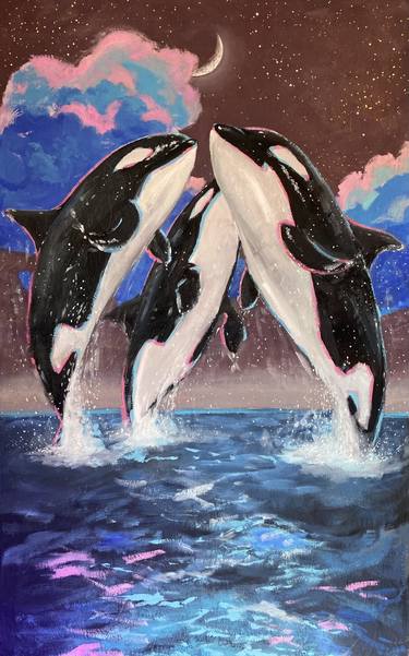 Three orcas dance original oil painting thumb