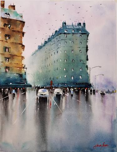 Rainy Paris, Original Watercolor Painting 11 x 14 inches thumb