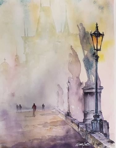 Fog at Prague, Original Watercolor Painting 11 x 14 inches thumb