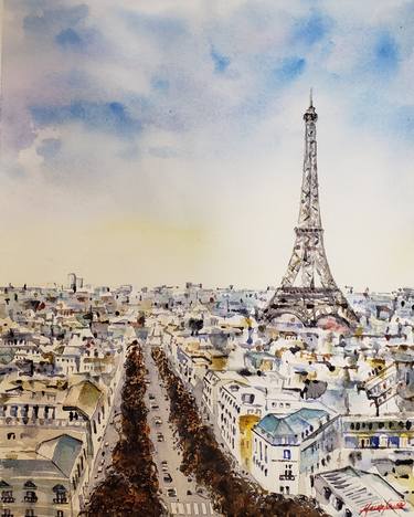 Paris View, Original Watercolor Painting 11 x 14 inches thumb