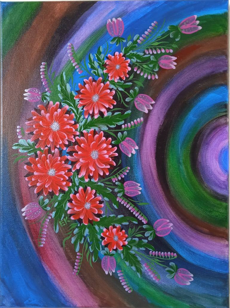 Original Folk Floral Painting by Elizabeth Khami