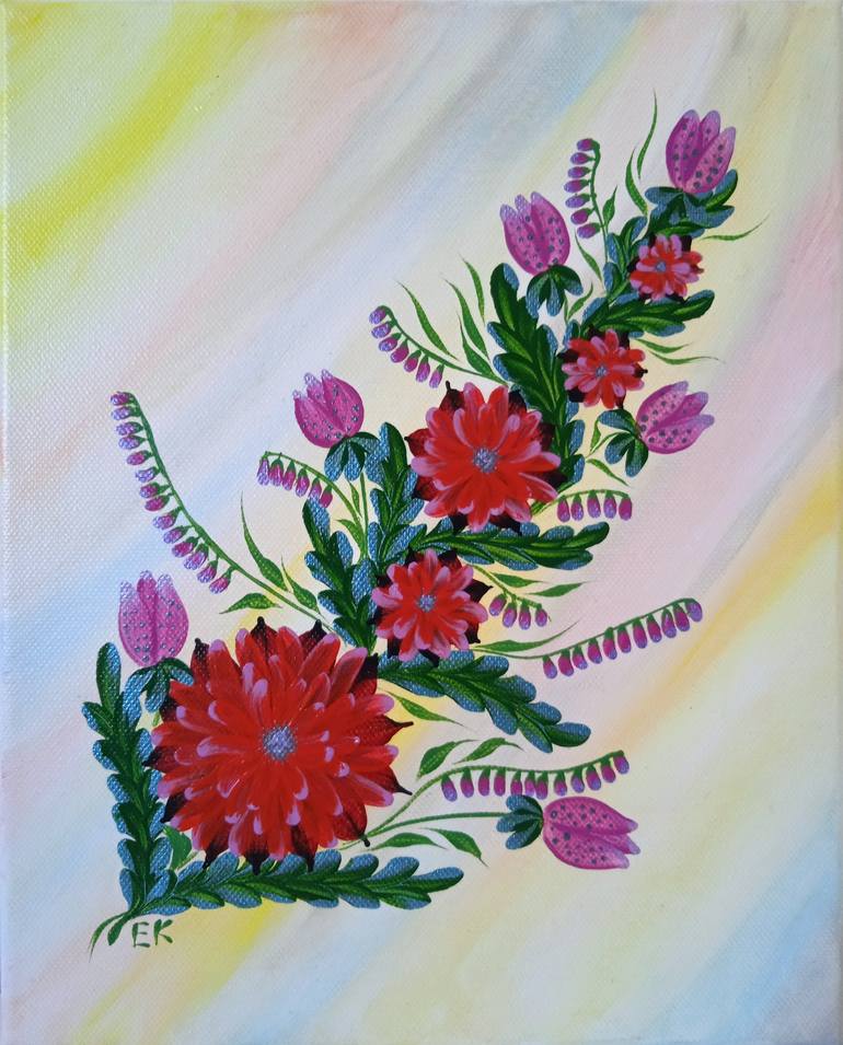 Original Folk Floral Painting by Elizabeth Khami