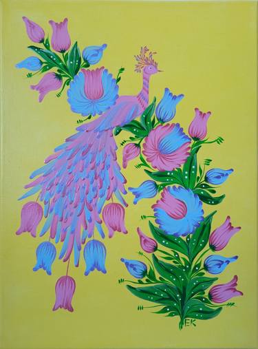 Original Folk Floral Painting by Elizabeth Khami