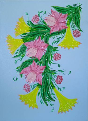 Original Folk Floral Painting by Elizabeth Khami