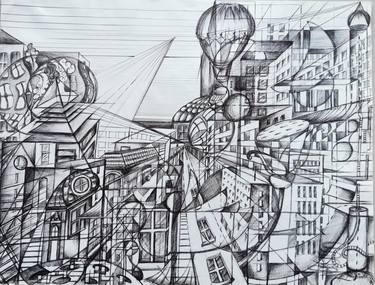 Original Abstract Expressionism Cities Drawings by Peggy Wavelet