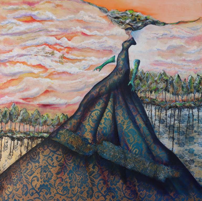 Orange Sunset in Blue and Gold Dress Painting by Gail A Mcfarland | Saatchi  Art