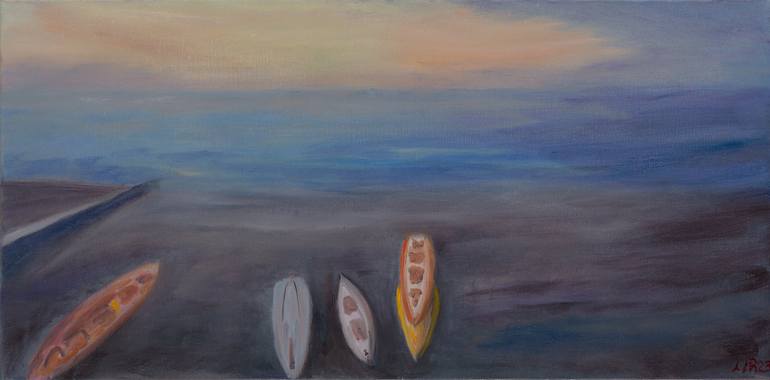 Original Beach Painting by Lana Moz Art | Expressionism Art on Canvas | A sunset in Etretat. Normandy. Boats on the shore