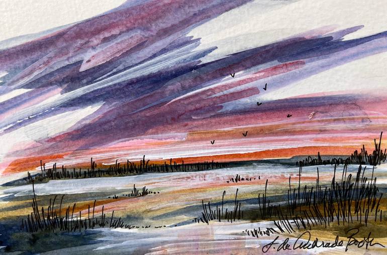 Original Landscape Painting by Filomena Booth | Impressionism Art on Paper | Sunset on the Marsh