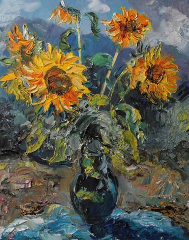 sunflowers in a green vase thumb