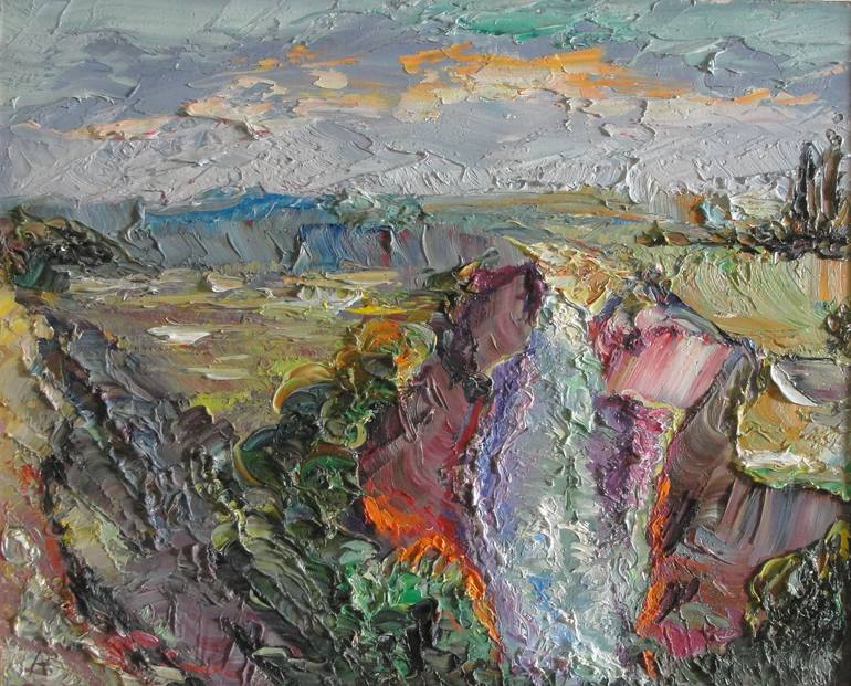 Original Landscape Painting by Ravil Abdulov | Impressionism Art on Canvas | Beautiful charming sunset near the Sairam river gorge