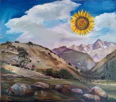 mountain landscape and the sun shines like a sunflower in the sky thumb