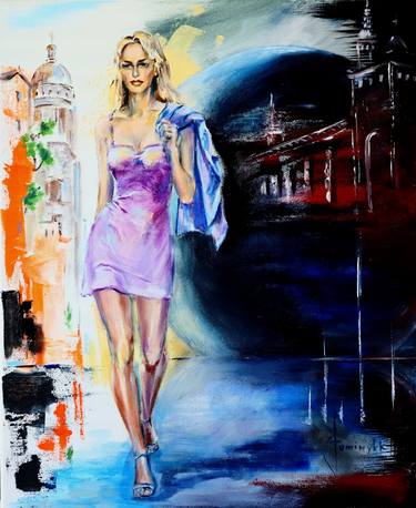 Girl in a violet dress. Figurative art painting thumb