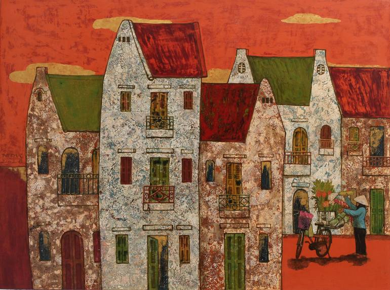 Original Landscape Painting by Du Bui Trong | Figurative Art on Wood | The Sunset On The Street