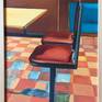 This is a painting of a seat in fast food shop. I walked through my locale at night and took a series of photos. This shop caught my eye and I whittled the possibilities I wanted to use down to this close up and cropped image. I loved the rich colour on the plastic seat, and the patterning of the floor changing from warm to cool in the shadows. I read an article on fast food restaurants and the description of the furniture as 'bolt down' made me realise that this was exactly the right title for this image.
