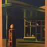 This is a painting which was inspired by visiting a route 66 museum near Barstow. I particularly enjoyed creating the glowing light and the fact that the pump seems to reference a person missing from the image. It's not a real place, but rather a remembered place.