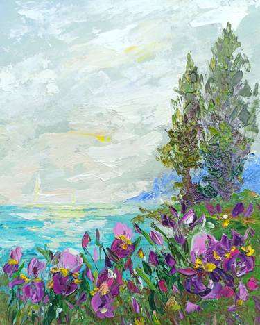 Iris flowers near seaside landscape painting with trees thumb