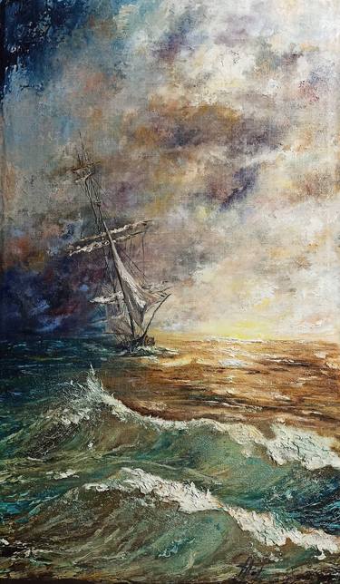 Sailboat in stormy ocean thumb