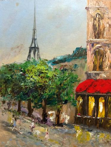 Paris landscape with Eiffel tower cafe and trees thumb