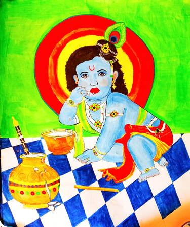 Krishma Acrylic Painting, Makhan chor krishna painting thumb