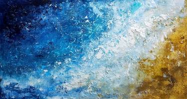 Shore - Oceanscape Large Wall Blue Golden Abstract Painting thumb