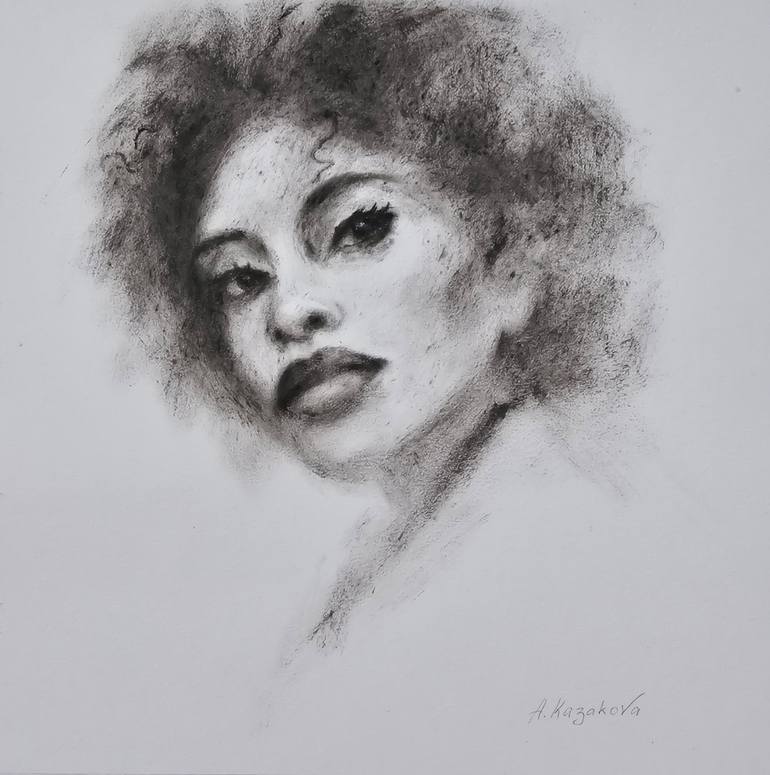 Original People Painting by Alexandra Kazakova | Black & White Art on Paper | Dark Velvet Eyes Monochrome African Portrait