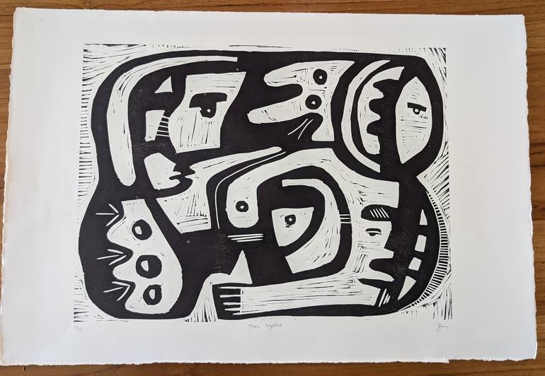 Original Abstract Printmaking by Lindsey Jones  Expressionism Art on Paper  Time Together 111 Woodcut