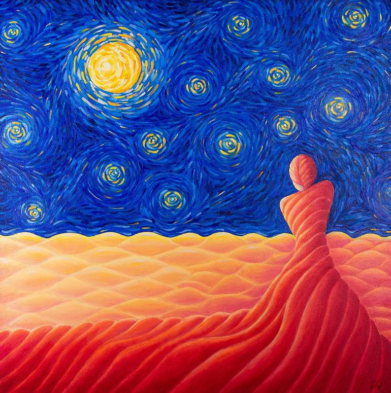 Original Fantasy Painting by Sata Lx | Abstract Art on Canvas | The Guardian of the Starry Night