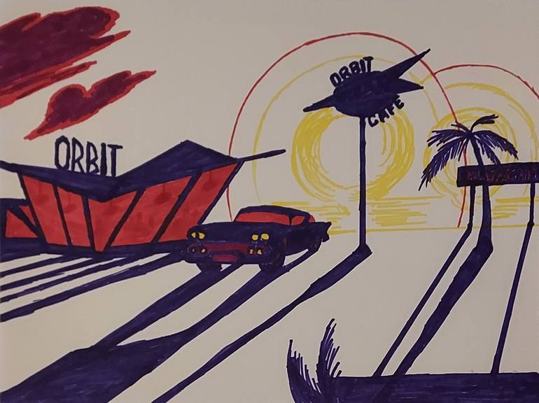 Original Politics Drawing by L Meeker | Contemporary Art on Paper | "Last Call At The Orbit Cafe"