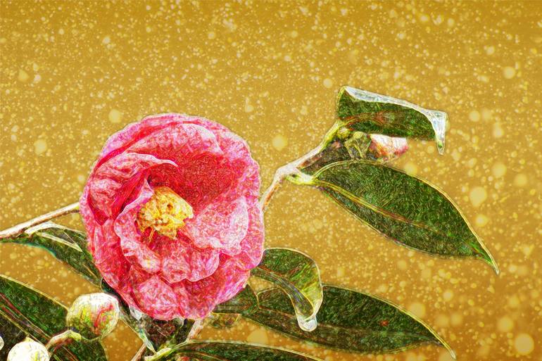 Red camellia gold leaf art - Print