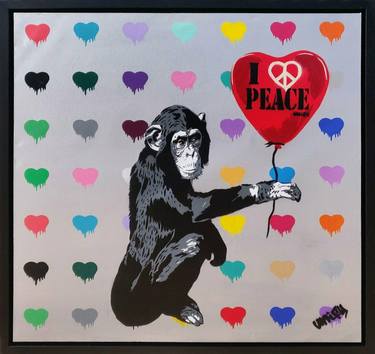 I Love Peace Monkey with Dripping Hearts  with Float Frame thumb