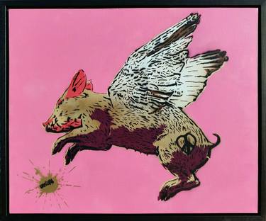 Pink CND Flying Pig on Canvas with Float Frame thumb