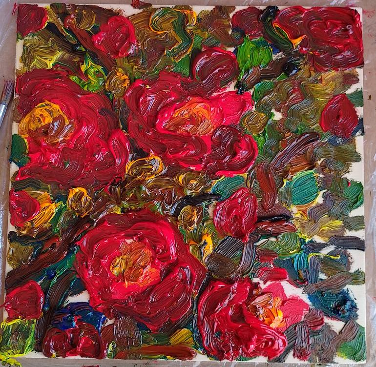Original Floral Painting by Victoria Harra | Impressionism Art on Plywood | Red rose hip in a golden frame