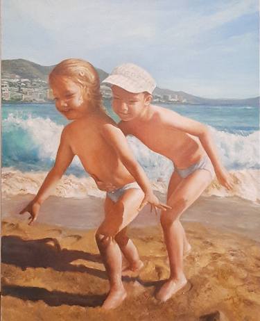 Original Figurative Beach Paintings by Maria Graciela Dominguez