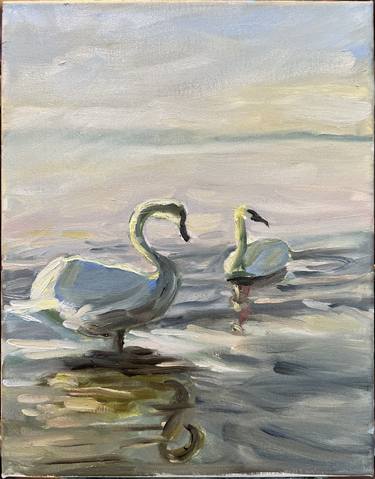 ‘Two Swans Catching Morning Sun’ Original 14x11 Oil Painting thumb