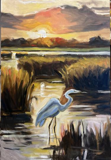 ‘Egret In Marshes At Sunset’ Original 36x24 Oil Painting thumb