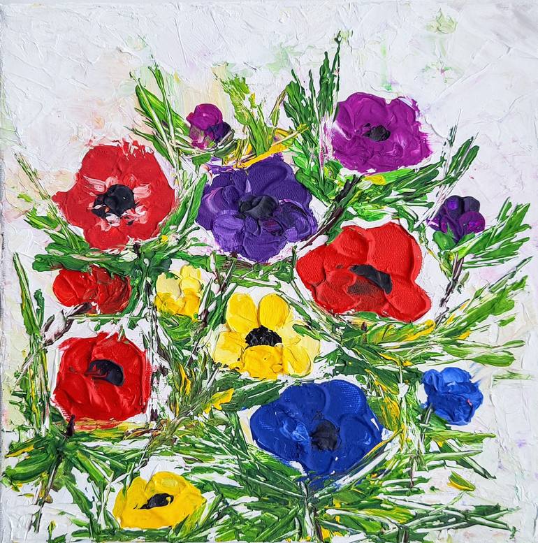 SOLD Original Floral Painting. Colorful Anemones Bouquet. hot Textured Pallet Knife