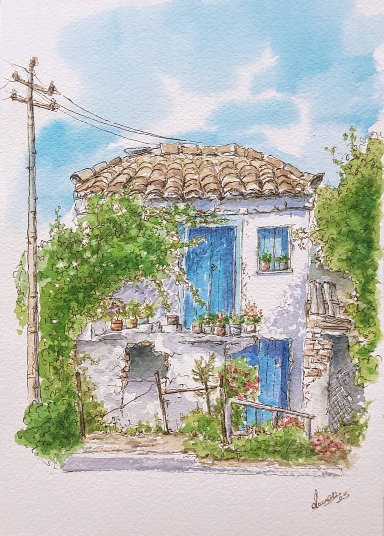 Original Architecture Painting by Derya Dere | Vintage Art on Paper | The Echoes of Blue, A Forgotten Story